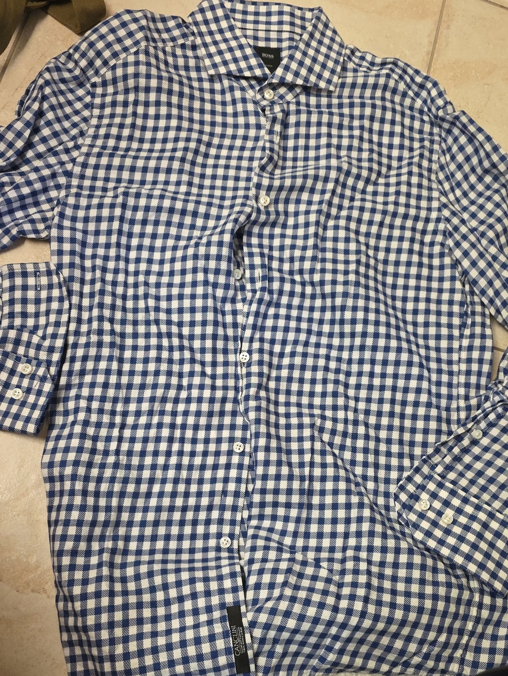 Hugo Boss Blue and White Gingham Dress Shirt - Classic Spread Collar